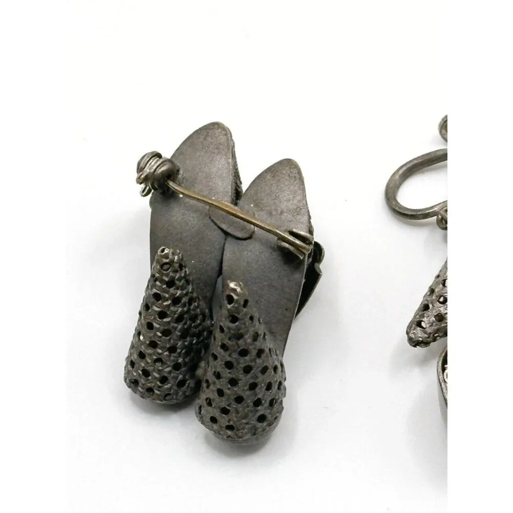 Unusual Filigree Floral Shoe Pin Brooch & Screw‎ Back Earrings